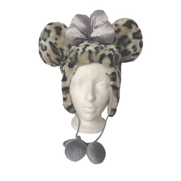 Vintage Disneyland Paris Leopard Print Faux Fur Minnie Mouse Ears Hat Pom Poms - Picture 1 of 6